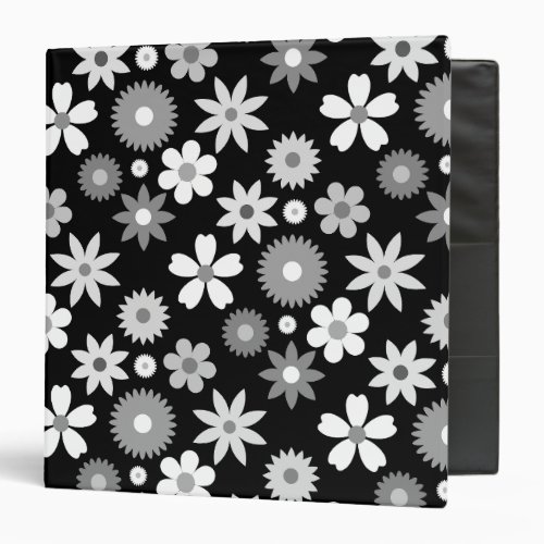 Retro 70s Style Flower Monochrome Big Pattern 3 Ring Binder