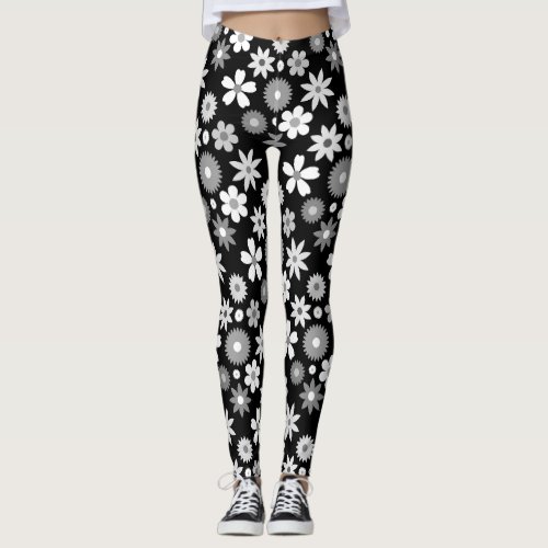 Retro 70s Style Flower Monochrome Big Pattern Leggings