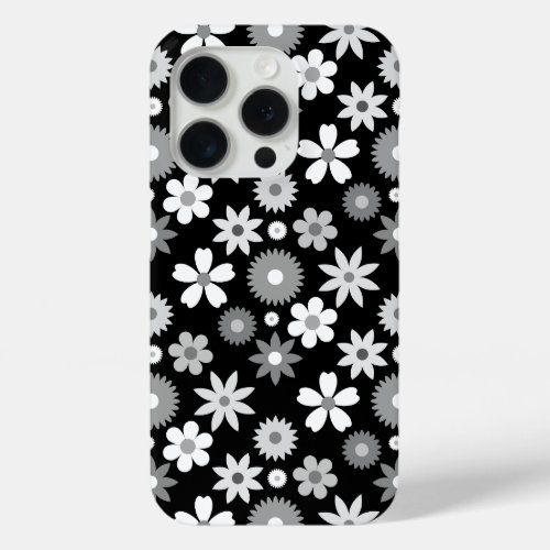 Retro 70s Style Flower Monochrome Pattern iPhone 15 Pro Case