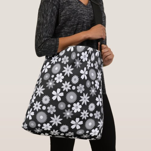 Retro 70s Style Flower Monochrome Pattern Crossbody Bag