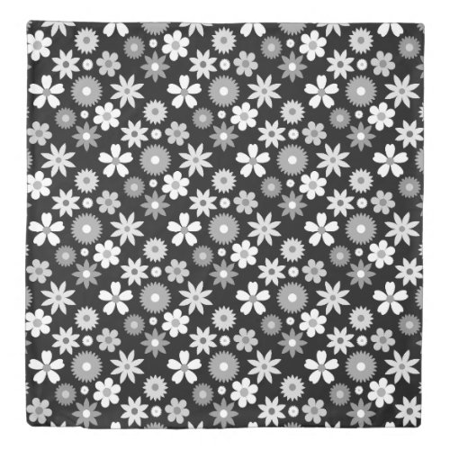 Retro 70s Style Flower Monochrome Pattern Duvet Cover