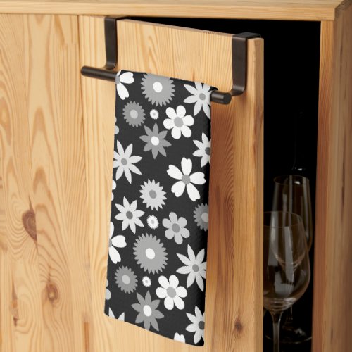 Retro 70s Style Flower Monochrome Pattern Kitchen Towel