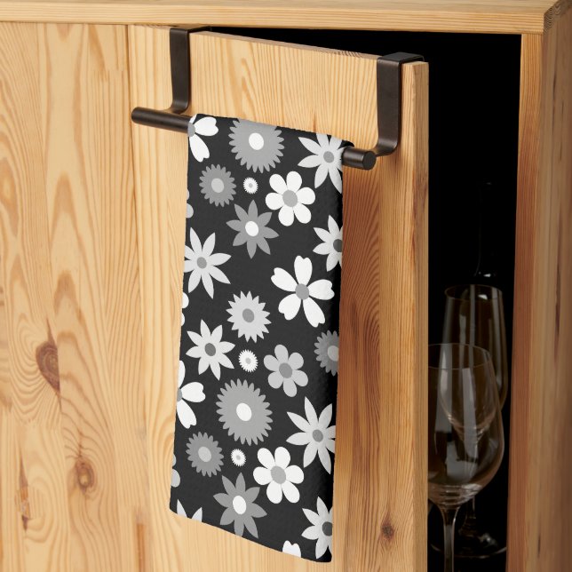 Retro 70s Style Flower Monochrome Pattern Kitchen Towel (Thirds Fold)