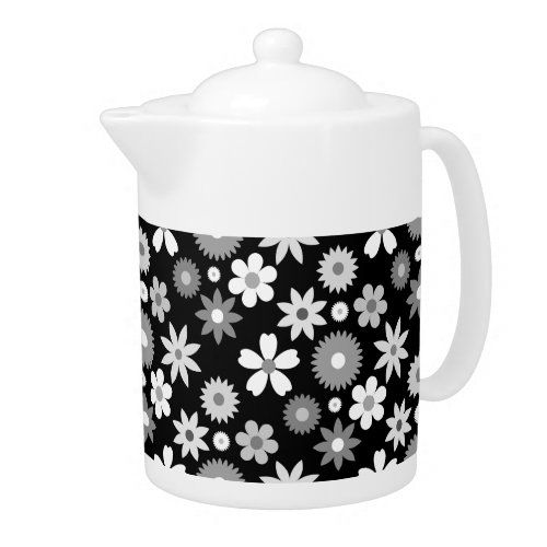 Retro 70s Style Flower Monochrome Pattern Teapot