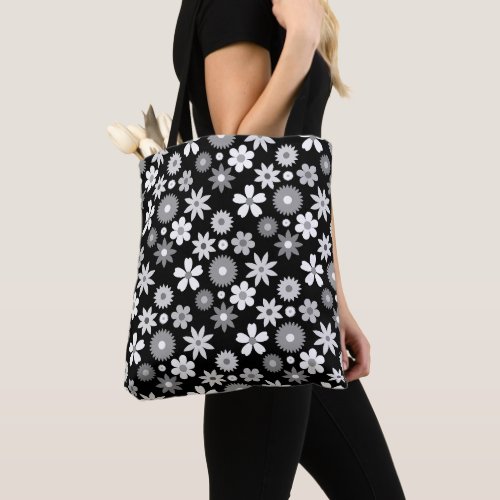 Retro 70s Style Flower Monochrome Pattern Tote Bag