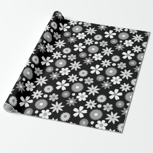 Retro 70s Style Flower Monochrome Pattern Wrapping Paper
