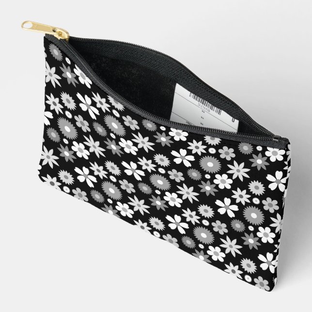Retro 70s Style Flower Monochrome Rpt Pattern Accessory Pouch (Open)