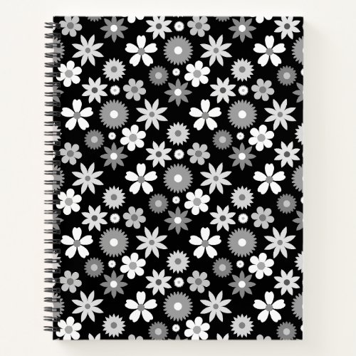 Retro 70s Style Flower Monochrome Rpt Pattern Notebook