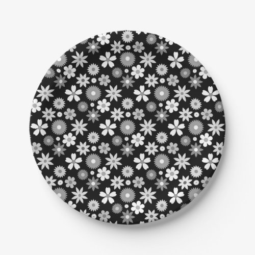 Retro 70s Style Flower Monochrome Rpt Pattern Paper Plates