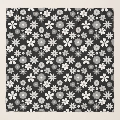 Retro 70s Style Flower Monochrome Rpt Pattern Scarf