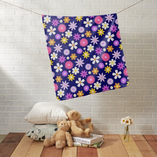 Retro 70s Style Flower Pattern on Dark Blue Baby Blanket (In Situ)
