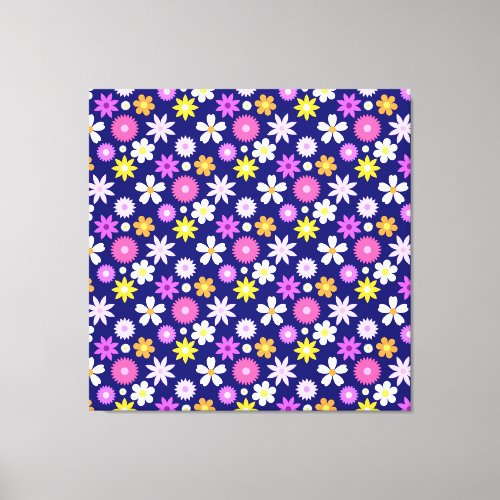 Retro 70s Style Flower Pattern on Dark Blue Canvas Print