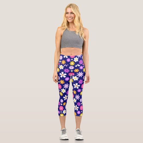 Retro 70s Style Flower Pattern on Dark Blue Capri Leggings