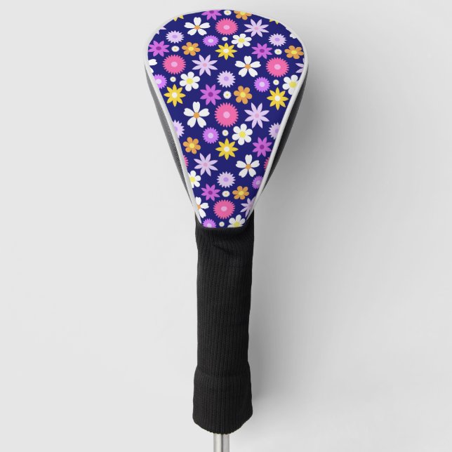 Retro 70s Style Flower Pattern on Dark Blue Golf Head Cover (Front)
