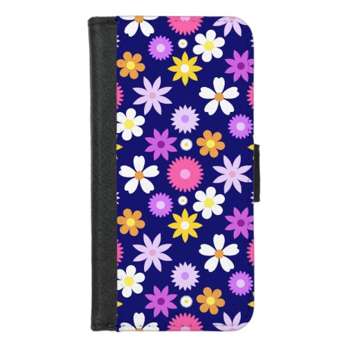 Retro 70s Style Flower Pattern on Dark Blue iPhone 87 Wallet Case