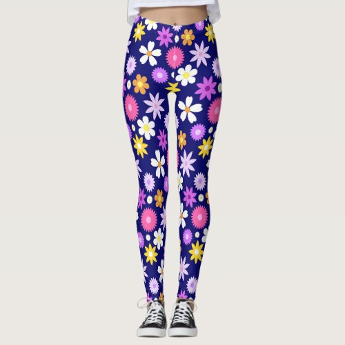 Retro 70s Style Flower Pattern on Dark Blue Leggings