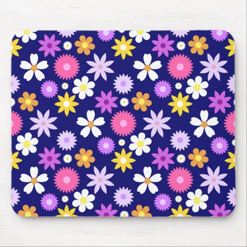 Retro 70s Style Flower Pattern on Dark Blue Mouse Pad