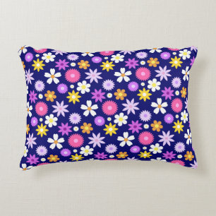 Retro 70s Style Flower Rpt Pattern on Dark Blue Accent Pillow