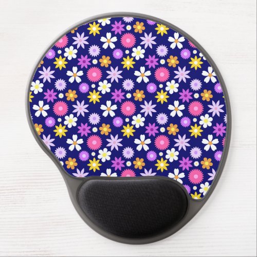 Retro 70s Style Flower Rpt Pattern on Dark Blue Gel Mouse Pad