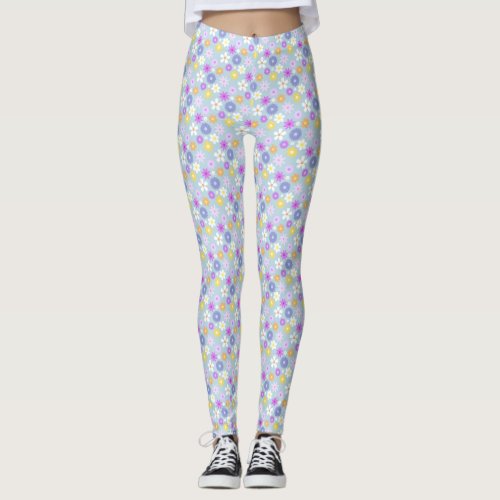 Retro 70s Style Flower Rpt Pattern Pastel Colors Leggings