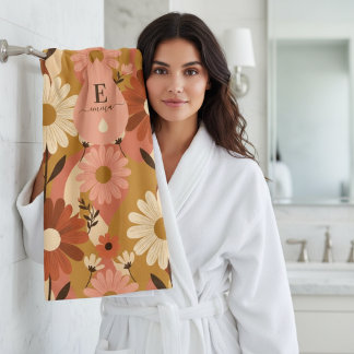 Retro 70s Summer Floral Daisy Custom Name Bath Towel Set