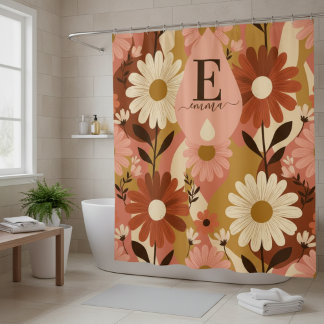 Retro 70s Summer Floral Daisy Custom Name Shower Curtain