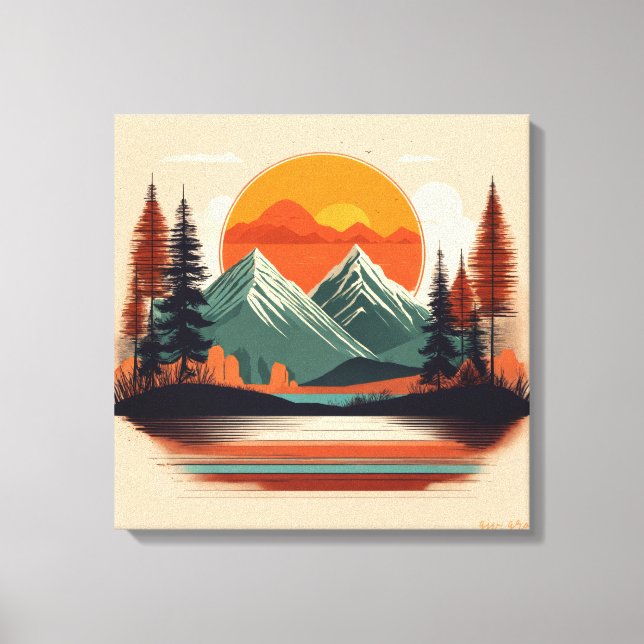 Retro 70s Sunset Mountain Canvas | Vintage Nature Print (Front)