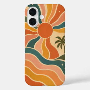 Retro 70s Sunset Waves & Palm Trees Aesthetic iPhone 16 Case