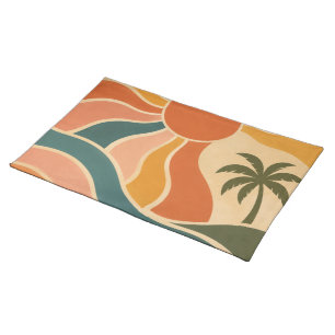 Retro 70s Sunset Waves & Palm Trees Aesthetic Cloth Placemat