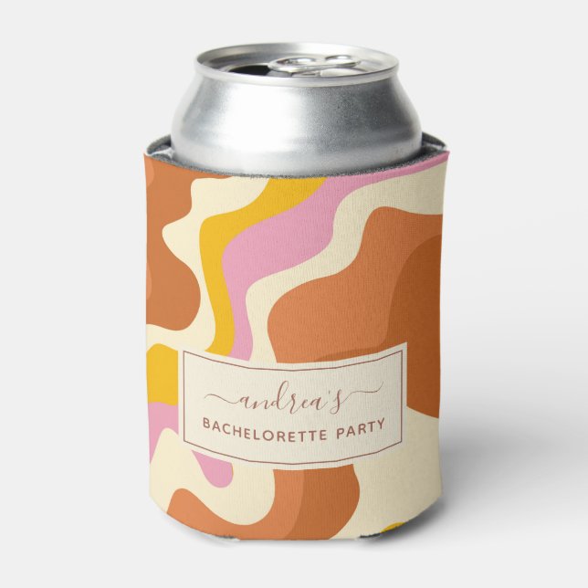 Retro 70s Swirls Geometric Bachelorette Party Fun Can Cooler (Can Front)