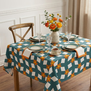 Retro 70s Teal and Orange Geometric Floral  Tablecloth