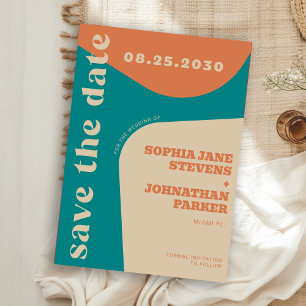 Retro 70s teal orange beige wedding save the date