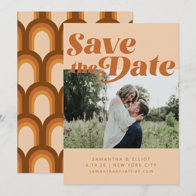 Retro 70s Typography Groovy Brown Photo Wedding Save The Date (Front/Back)
