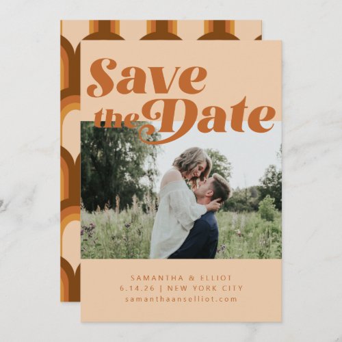 Retro 70s Typography Groovy Brown Photo Wedding Save The Date