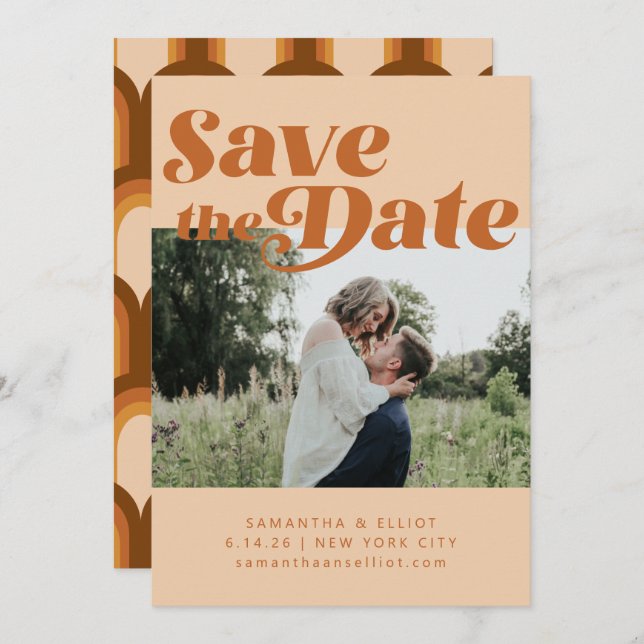 Retro 70s Typography Groovy Brown Photo Wedding Save The Date (Front/Back)