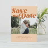 Retro 70s Typography Groovy Brown Photo Wedding Save The Date (Standing Front)