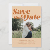 Retro 70s Typography Groovy Brown Photo Wedding Save The Date (Front)