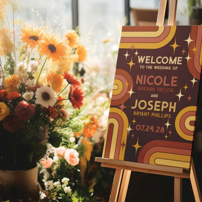 Retro 70's Typography Rainbow Arch Wedding Welcome Foam Board | Zazzle