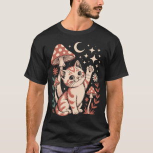 Retro 70S Vintage Cat Sitting With Forest Fungi T-Shirt