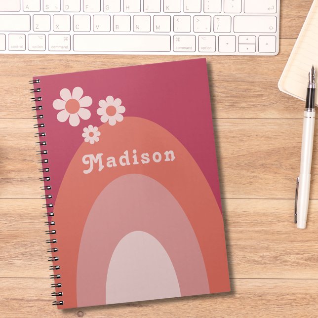 Retro 70s Vintage Daisy Arch Name Notebook (Retro vintage daisy arch peach orange and pink custom name notepad)
