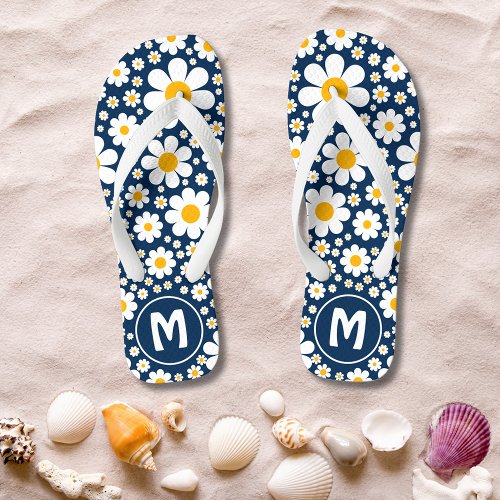 Retro 70s Vintage Floral Personalized Blue Flip Flops