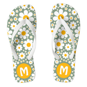 Retro 70s Vintage Floral Personalized Green Flip Flops