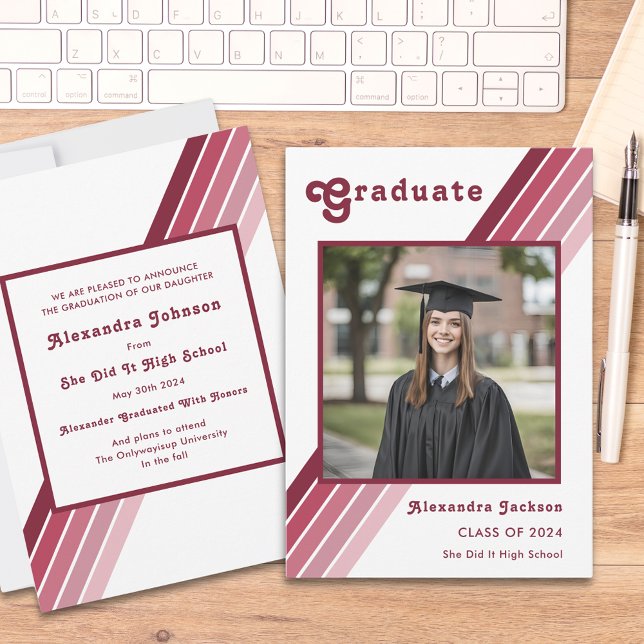 Retro 70s Vintage Graduate Photo Announcement (Retro groovy stripes groovy graduate photo high school graduation announcement pink 70s vintage)