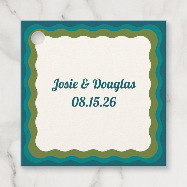 Retro 70s Vintage Wedding Cool Blue & Green Custom Favor Tags (Front)