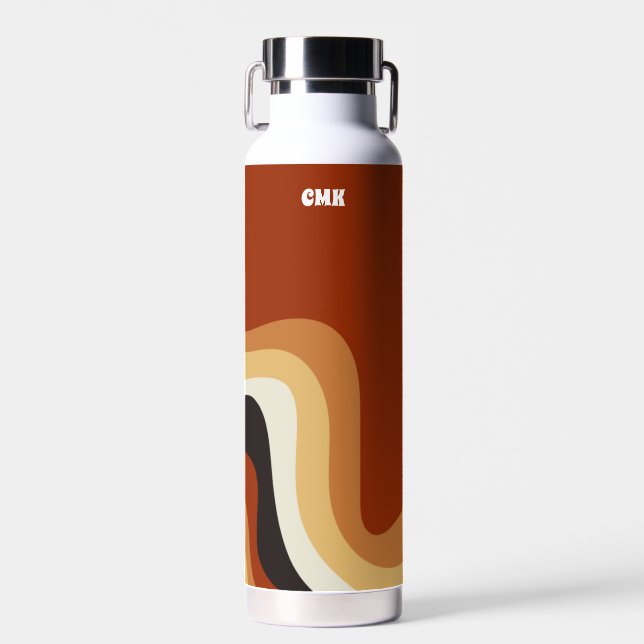 Retro 70s Wavy Burnt Orange Personalized Hippie Water Bottle (Front)