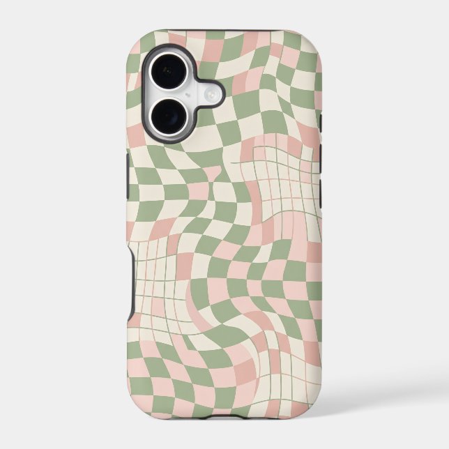 Retro 70s Wavy Checkerboard Distorted Grid Pattern iPhone Case (Back)