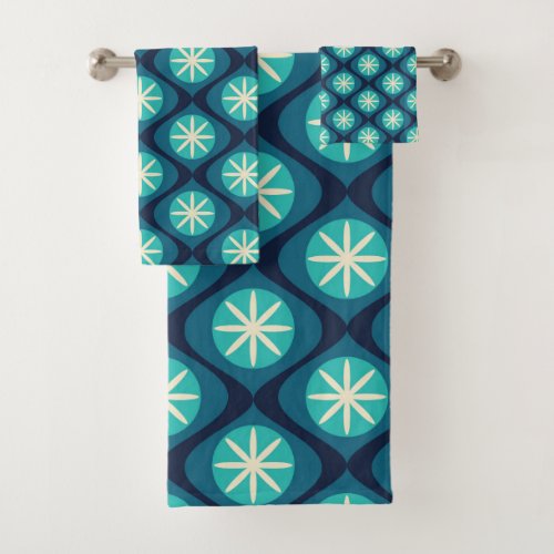Retro 70s wavy floral pattern _ blue bath towel set