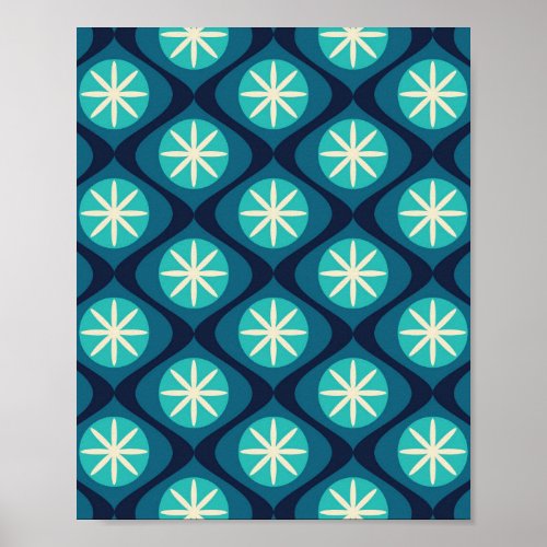 Retro 70s wavy floral pattern _ blue poster