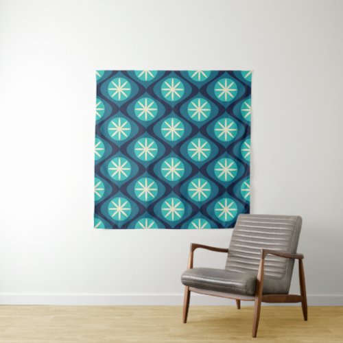 Retro 70s wavy floral pattern _ blue  tapestry