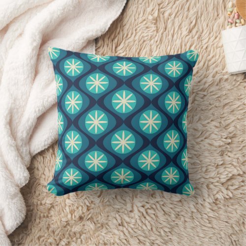 Retro 70s wavy floral pattern _ blue throw pillow